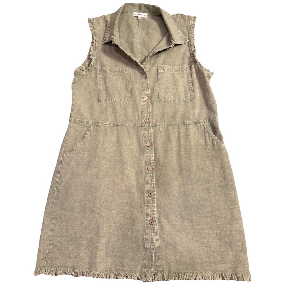 Olive Washed Cotton Utility Dress Frayed Hem Safari Boho Pockets Collared Sz L